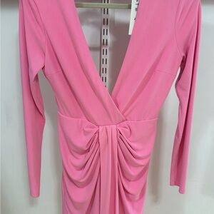 Zara Pink Long Sleeve Draped V-Neck Dress